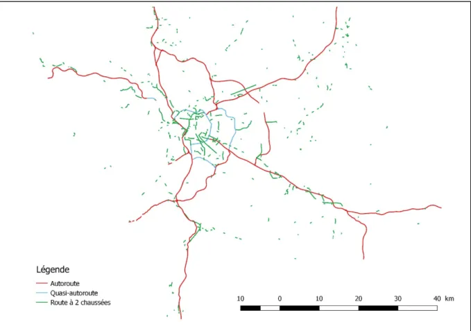 Figure 1 : Réseau routier-distinction par la Nature ; territoire EMD Lyon 2006 - Source  BD TOPO  
