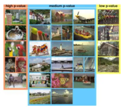Fig. 3.  Saliency-based (i.e., on the ρ-value)  image classification for the 29 source images of the LIVE database: six images had a high value of ρ in each of the three  eye-tracking experiments, four images had a low value of ρ in each of the experiments