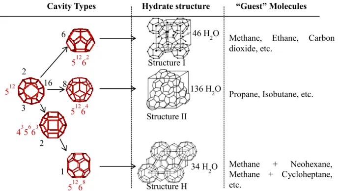 Figure 1: Water molecules forming cages corresponding to hydrate structures, sI, sII  and sH 