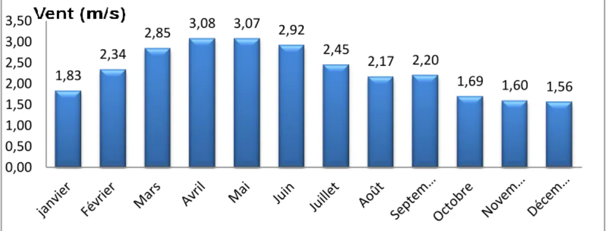 Figure I.8: La variation moyenne mensuelle de vitesse du vent (1978-2013) 