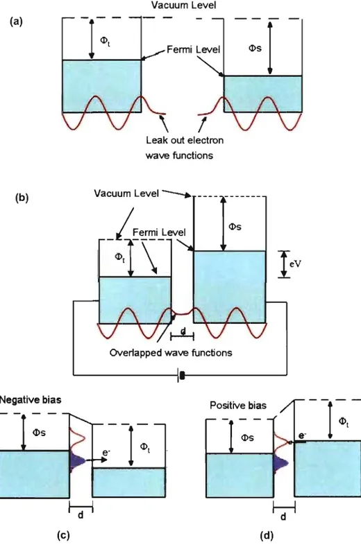 Figure  2.2  (a)  Without  bias  applied,  tip  and  sample  have  the  same  vacuum  energy  level  but  different  Fermi  levels