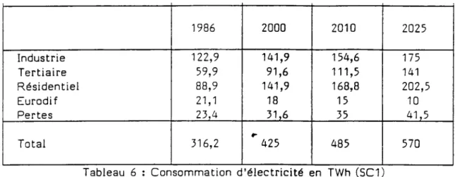 Tableau  6 :  Consommation  d'électricité  en  TWh  (SC1) 