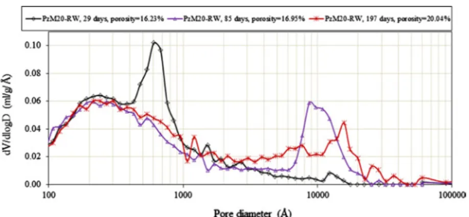 Fig. 8. The evolution of pore distributions of PzM20-RW mortar.