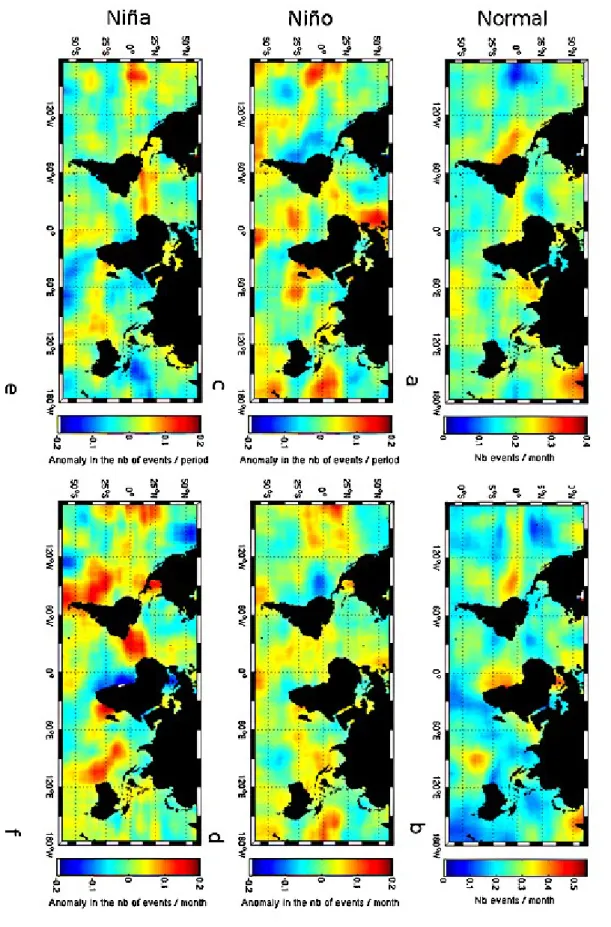 Figure  14:  Observed  spatial  distributions  of  HF  and  1.54  year  scale  event  density  for  normal  conditions (a and b), Niño (c and d) and Niña conditions (e and f)
