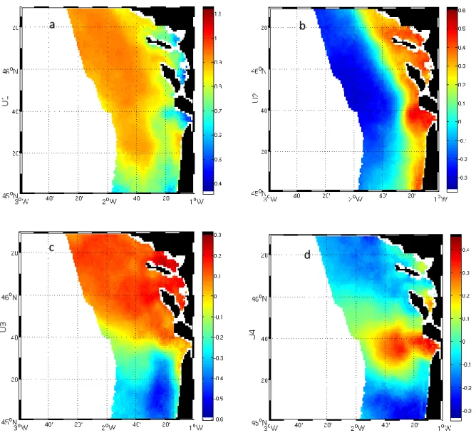 Figure 17: spatial modes of the EOF decomposition of the SPIM observed from satellite from 2007- 2007-2009 in the Gironde mouth river
