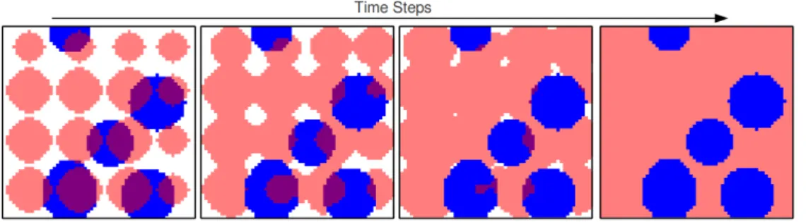 Figure 2: Levelset image segmentation working procedure. In the first image from left, the blue regions stand for the segmented objects and the regular spinel-red circles are initial levelset