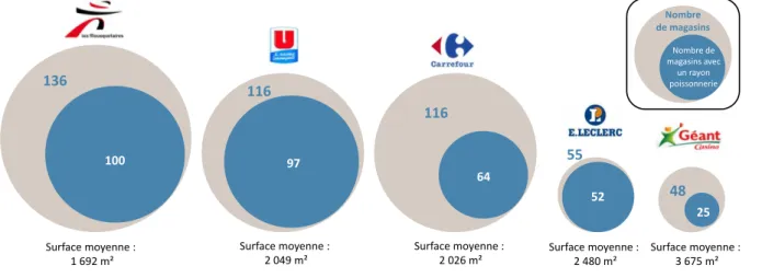 Figure 4 : Etat des lieux de la grande distribution et de l’implantation de rayons marée en Bretagne  Source : base de données grandes et moyennes surfaces, enquête Cogépêche, 2011 