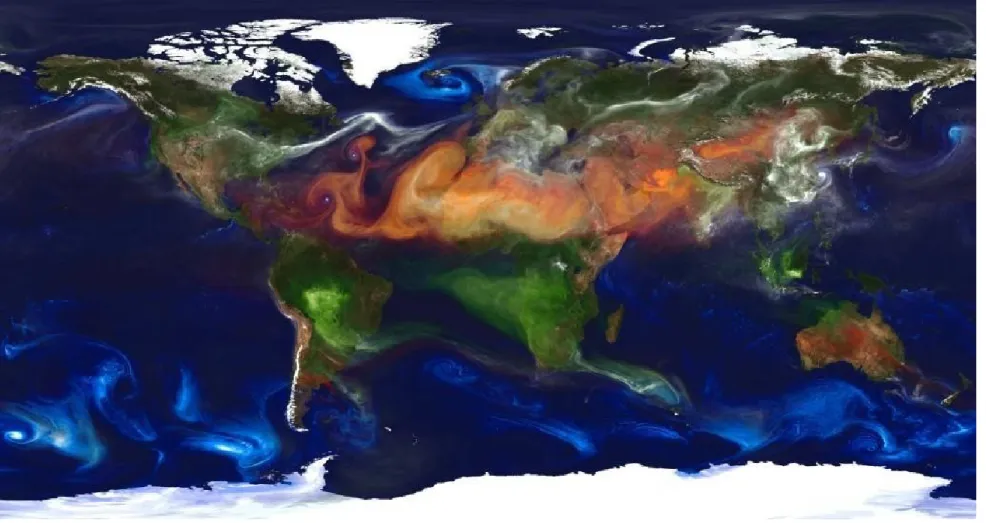 Figure 2-4 Un instantané de la distribution planétaire des aérosols (modélisation NASA) : en orangé poussières désertiques, en bleu embrun marin, en vert fumée organique et carbone noir,  en blanc sulfate et smog région industrialisée (https://svs.gsfc.nas