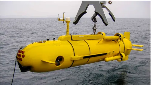 Figure 1.5: The Redermor AUV before a sea trial. The thrusters’ layout allows it to circumnavigate a point such as a mine to identify, its front looking sonar providing different viewing angles of the target