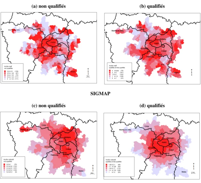 Figure 3. Accessibilité à l’emploi des communes du pôle urbain de Paris (2006)  Indicateur naïf 
