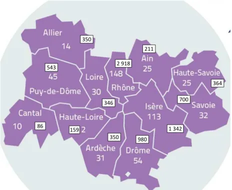 Figure 10 : Répartition par département en Région AURA (fin 2019) 