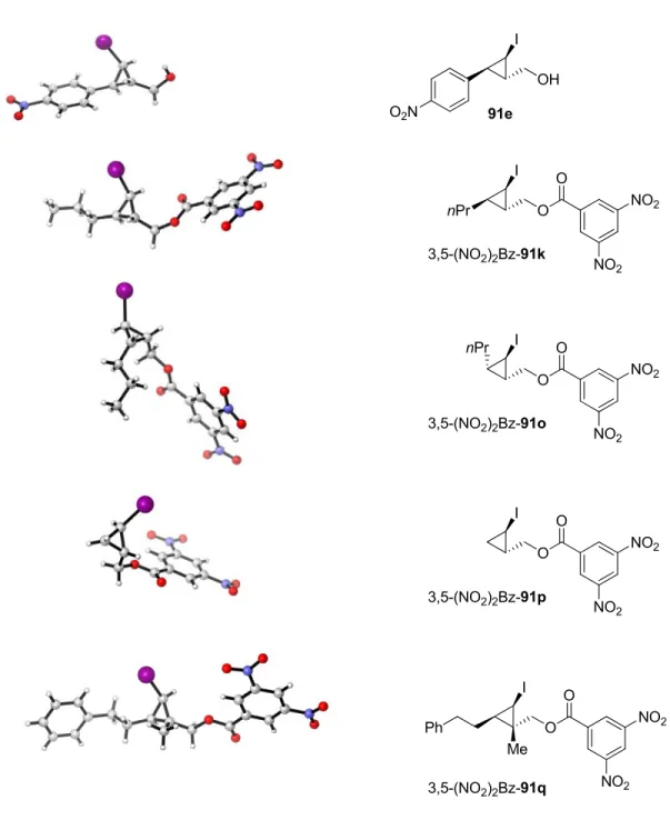 Figure 5. Structures cristallographiques de 91e et des dérivés 3,5-dinitrobenzoyles de 91k,  91o, 91p et 91q