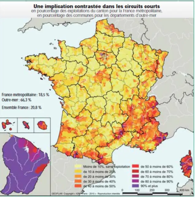 Figure 2: pourcentage d’exploitations pratiquant les circuits courts dans chaque canton français 