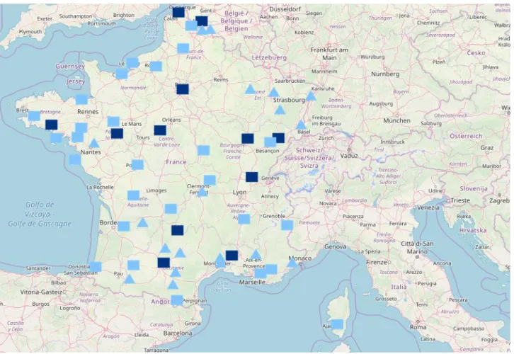 Figure  6:  les  territoires  du  réseau  RnPAT    Source  :  RnPAT,  carte  interactive  des  PAT,  consultation  le  18  juillet  2019   (http://rnpat.fr/les-projets-alimentaires-territoriaux-pat/carte-interactive/) 