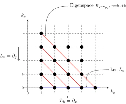 Figure 1. For a given eigenvalue µ i of T ∗ (µ i ∈ (λ −1 , λ)), each black point of the lattice (k x , k y ) k x &gt;1,k y &gt;0 represents an independent Ruelle  dis-tribution u (k x ,k y ) 