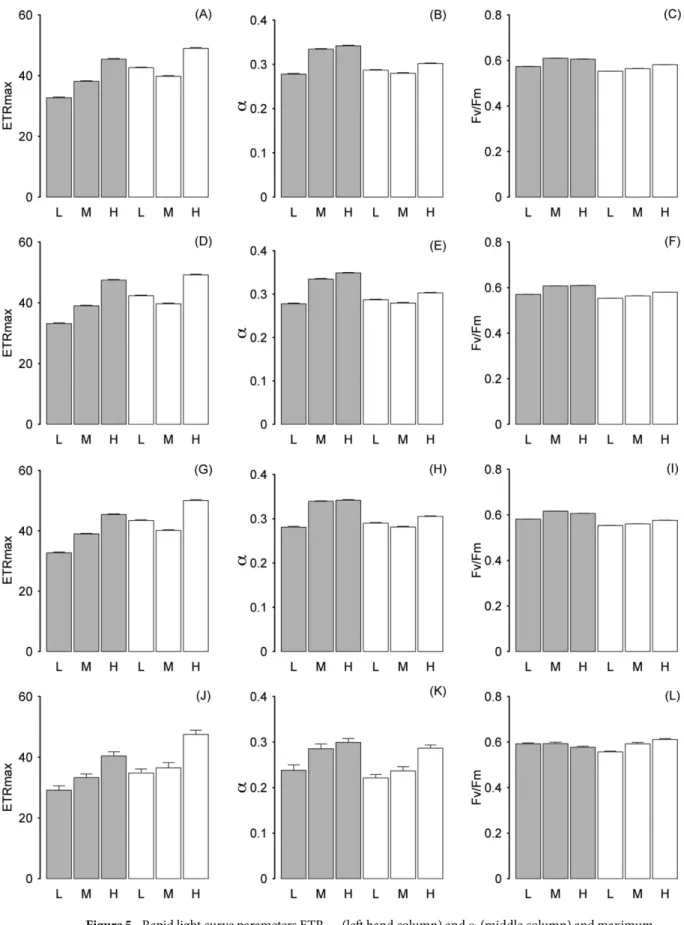 Figure 5.  Rapid light curve parameters ETR max  (left hand column) and α  (middle column) and maximum  light use efficiency F v /F m  (right hand column) for the whole community dataset (A–C, thresholded as Chl a), C