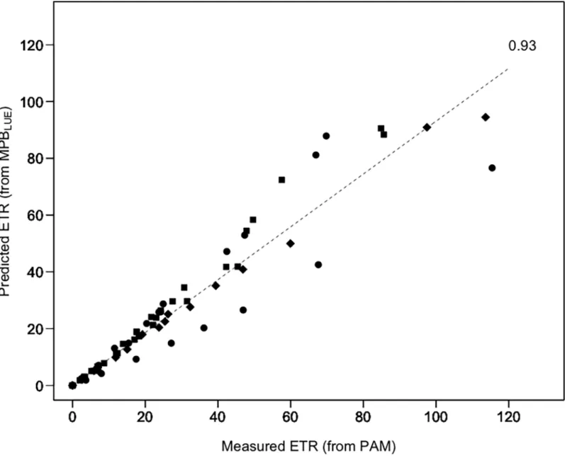 Fig 7. Measured ETR (from PAM fluorometry) vs. predicted ETR (from radiometric measurements using the MPB LUE index)