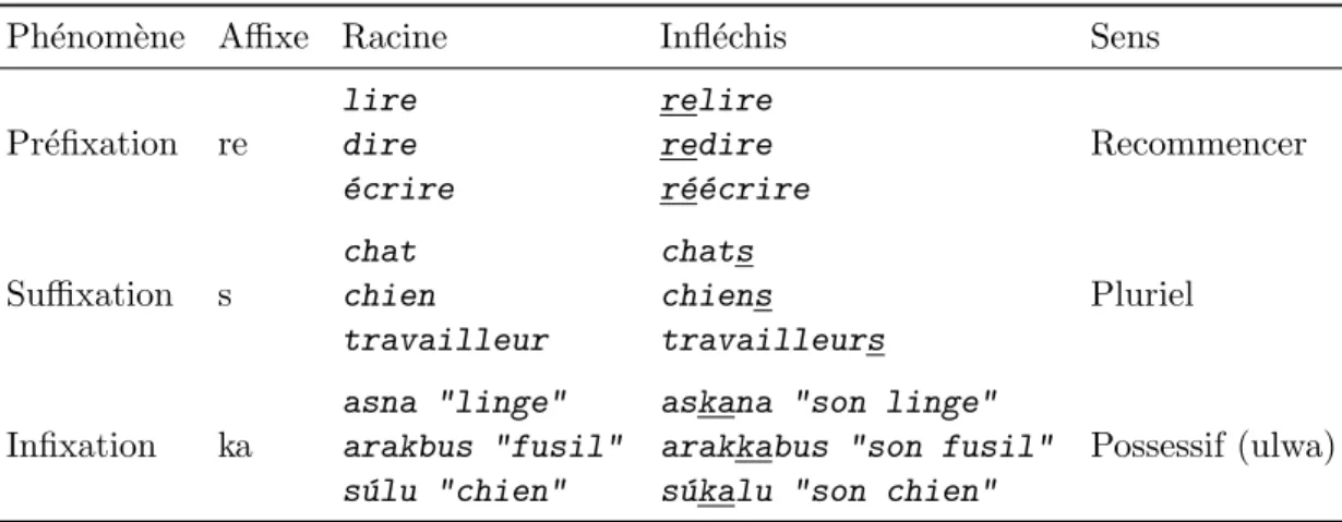 Figure 2.3 – Exemples d’affixation.