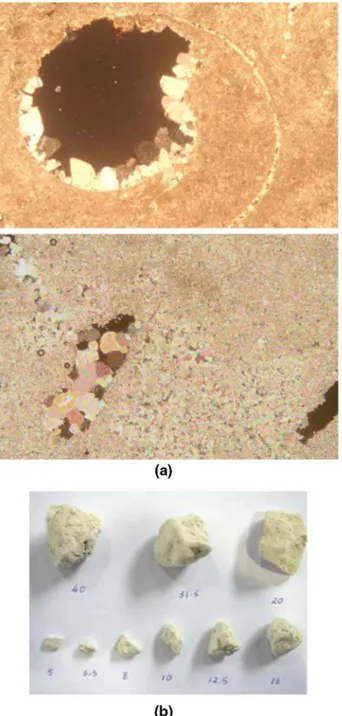 Fig. 3 CP rock samples: a microscopic observations on thin sheets, each image represents an area of about 5 × 5 mm, b rock aggregates of sizes 5 to 40 mm