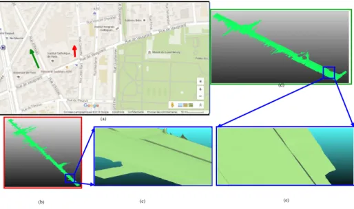 Fig.  8   Surface reconstruction  results  obtained  for  several datasets.  (a)   Google   Maps   view  of  two areas   surveyed by  the  Sterepolis MMS:  Assas  road   (Paris, France) -  indicated by  the  green  arrow,  Cassette  road   (Paris,  France)