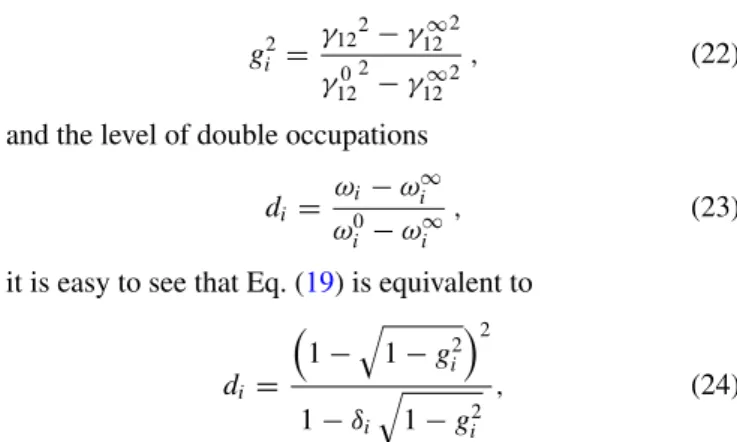 FIG. 2. Average level of double occupations d i as a function of the degree of electron delocalization g i 2 for bipartite rings having N a = 4–14 atoms, band-filling n = 1, and different local carrier densities δ i [see Eqs