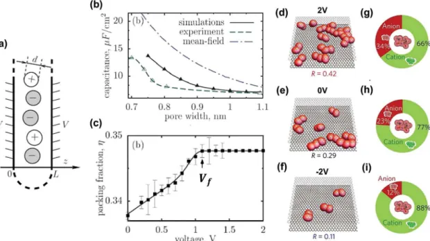 Fig. 14 (a) The cross-section of a single, laterally infinite, slit-like narrow pore as a part of a porous electrode (L: pore width; V: applied voltage;