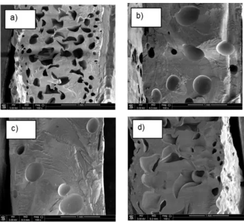 Figure 7. SEM images of  5phr fiber a) FB5-without any comp tibilizer – b) FMB5-with 5phr fiber   and  maleic anhydride as compatibilizer  c) FPB5 with 5 phr micro fiber and plasma modified LDPE  and d) FMPB5 with 5 phr micro fiber  and hybrid compatibil z