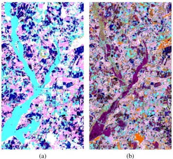 Fig. 10. Classification results in 2 Θ with decision by maximum of pignistic probability over all simples hypotheses: (a) SOM-based BBA