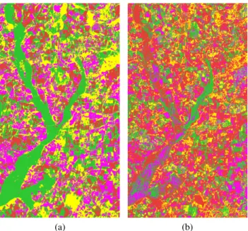 Fig. 13. Classification results in D Θ with decision by maximum of gener- gener-alized pignistic probability over all simples hypotheses and all conjunctions of hypotheses: (a) SOM-based approach