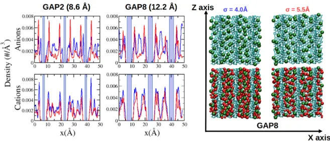 Figure 5: Left: Ionic densities along the x-axis for the GAP2 and GAP8 carbons. Right:
