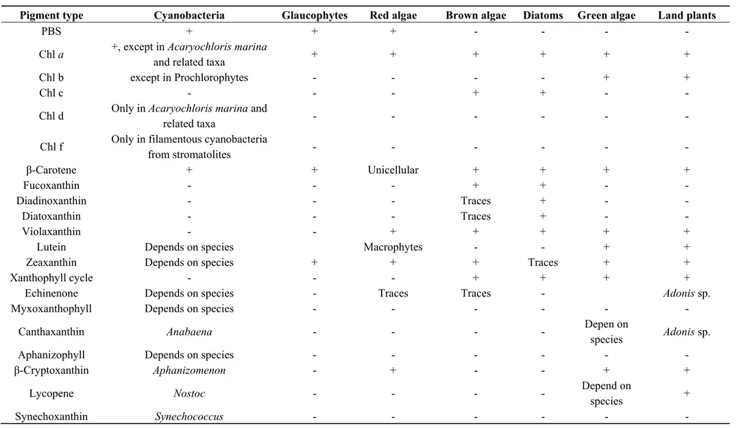 Table 1. Main chlorophyll and carotenoid types in the various taxa of photosynthetic organisms