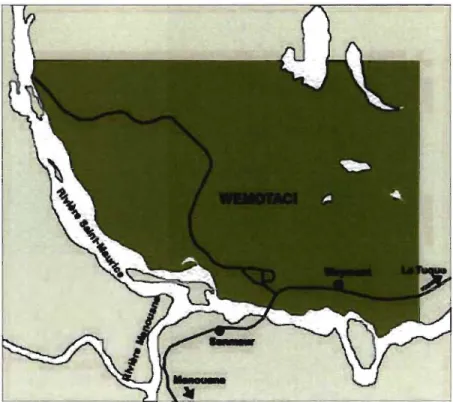 Figure V - Carte géographique de la réserve Wemotaci - Nation Atikamekw  Tirée du  site du CNA  (http://www.atikamekwsipi.com  ) 