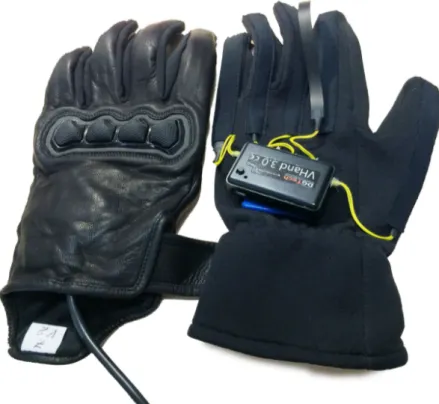 Figure 5.2: Our custom glove and the V-Hand, for comparison. One V-Hand flex sensor was put out for visibility