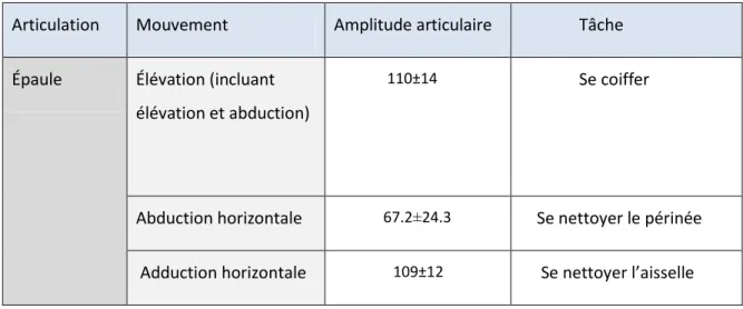 Tableau 4: Amplitudes articulaires maximales souhaitées au membre supérieur 