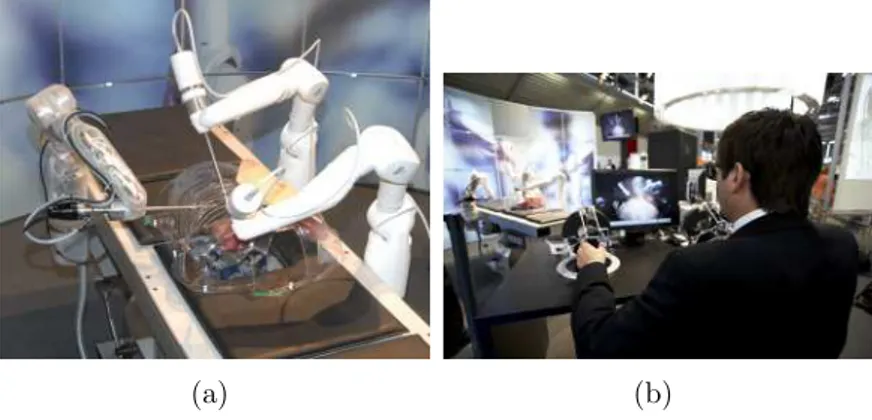 Figure 2.3: An example of a typical robotic system teleoperated through a human- human-machine interface: three medical slave robot arms (left) are teleoperated by a user thanks to a master handle device, and the procedure is monitored by the user through 