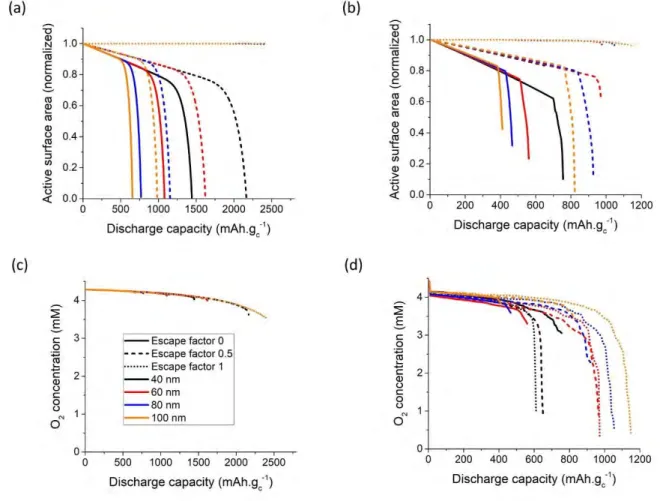 Figure 4.  The active carbon surface area evolution along discharge for (a) continuum and (b) pore  network  models