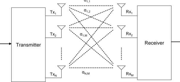 Figure 1.6: MIMO model with N transmit antennas and M receive antennas.