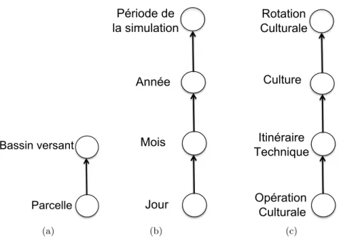 Figure 3.4 – Structures hiérarchiques (a) de la dimension spatiale, (b) de la dimension temporelle, (c) de la dimension agricole.