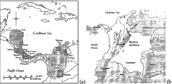 Figure 2.1:  (a) Map of the Chibcha world.  Figure from Hoopes (2005).  (b) Location of the  ancient Muisca territory on the CUITent Colombia