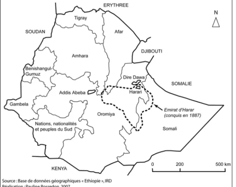 Figure 1 : Les neuf régions d Ethiopie et le périmètre de l ancien émirat de Harar conquis  en 1887 