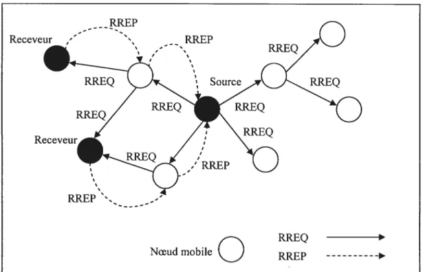 Figure 3.1. Propagation des messages RREQ et création de l’arbre multicast dans MAODV.