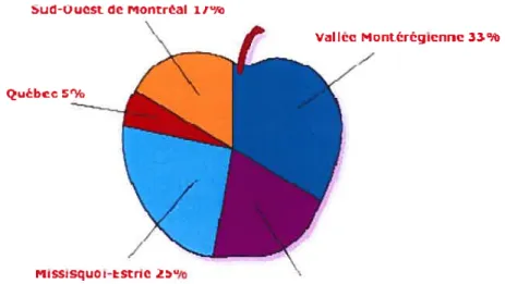 Figure 2.1 Pourcentage des pommes produites au Québec par région (en termes de volume) (2000)