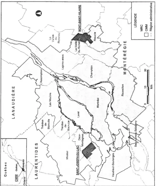 Figure 4.1 Territoires à l’étude : les limites de la CMM, des MRC de Deux- Deux-Montagnes, de la Vallée-du-Richelieu, des municipalités de Saint Josepli-du-Lac, de Mont-Saint-Hilaire et des régions administratives auxquelles elles appartiennent