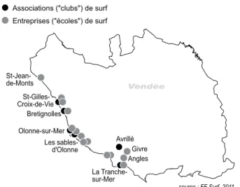 Figure 4 : Entreprises et associations de surf en Vendée en 2011 source : FF Surf, 2011St-Gilles-Croix-de-Vie Les sables-d'OlonneAvrillé La Tranche-sur-MerOlonne-sur-MerBretignolles St-Jean-de-MontsGivre AnglesAssociations (&#34;clubs&#34;) de surf 