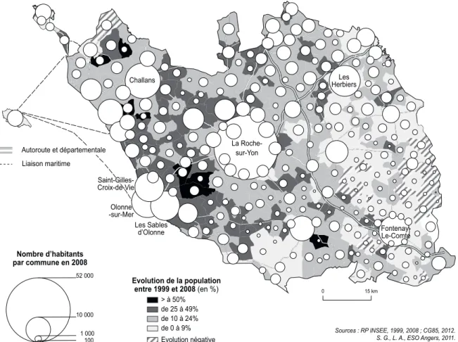 Figure 1 : Population en 2008 et évolution depuis 1999 par commune de Vendée