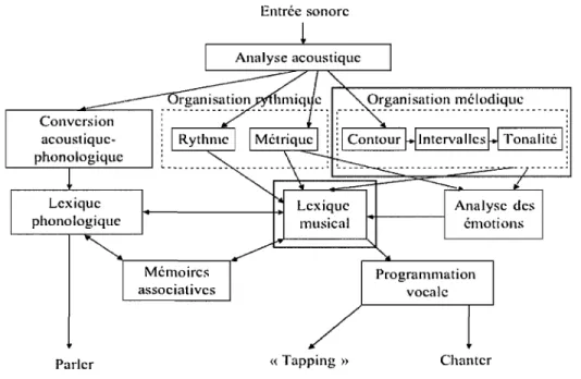 Figure  la.  Modèle  modulaire  de  traitement  de  la  musique,  d'après  Peretz  &amp;  Coltheart,  2003,  p