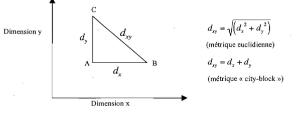 Figure  2:  Illustration  graphique  des  métriques  euclidienne  et  city-block,  d'après Garner (1974, p