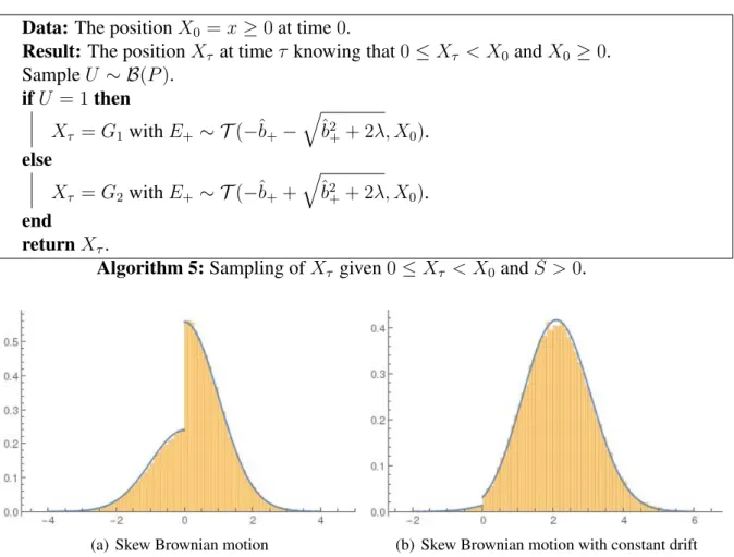 Figure 2.1 – Histograms using the first algorithm and 100,000 final positions for a skew Brow- Brow-nian motion and a skew BrowBrow-nian motion with constant drift b = 2 with the parameter β = 0.7, 0 as starting point and T = 1 for both of them.