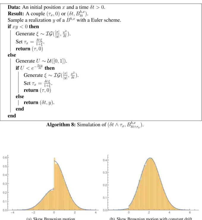 Figure 2.3 – The histograms using the second algorithm and 100,000 final positions for a skew Brownian motion and a skew Brownian motion with constant drift b = 2 with the parameter β = 0.7, 0 as starting point and T = 1 for both of them.
