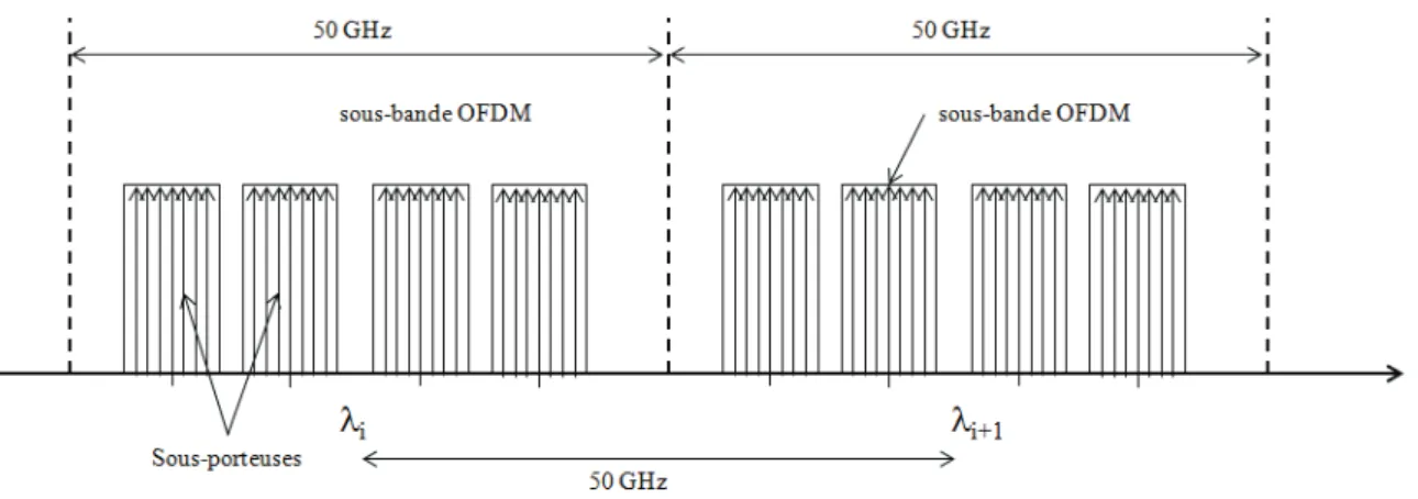 Figure III-1 Structure spectrale d'un canal WDM de type OFDM multi-bande 